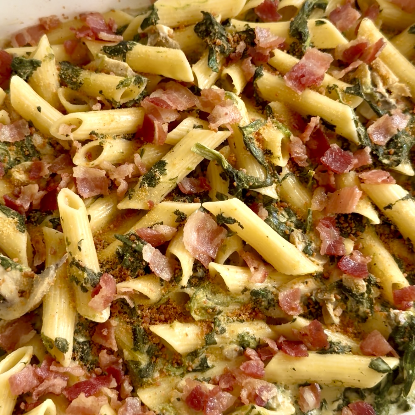 Penne Creamy Spinach and Bacon Pasta
